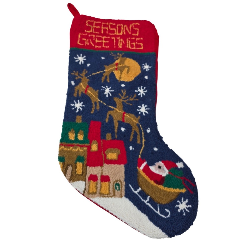 Vintage Hand Hooked Wool Christmas Stocking‎ Seasons Greetings Santa Reindeer K1